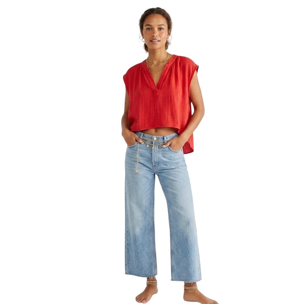 GOA Beachwear by Japna Gauzy Cropped Top XL Tomatoe Red Boxy Relaxed Boho NWOT